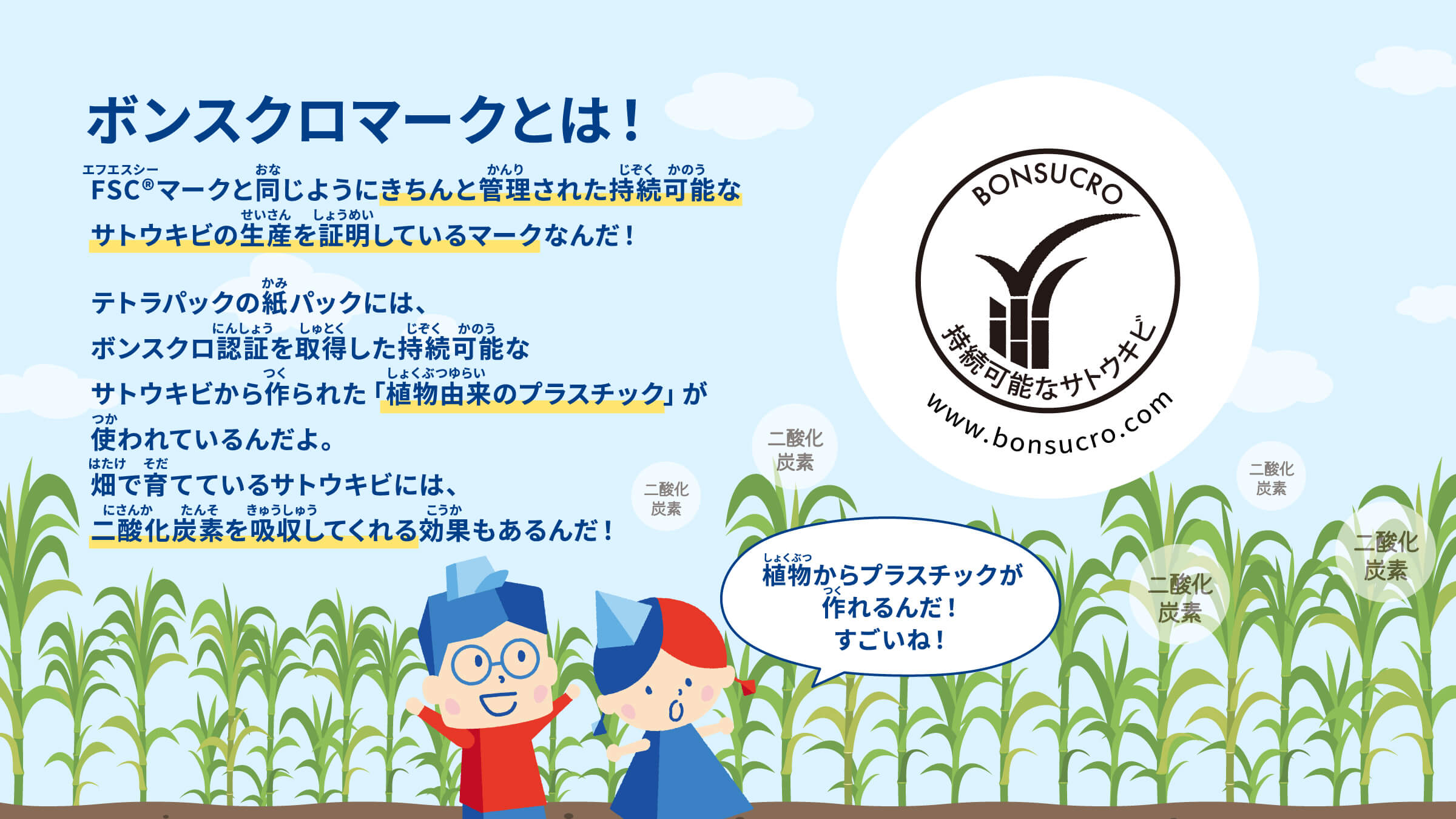 ボンスクロマークとは！ FSC®マークと同じようにきちんと管理された持続可能なサトウキビの生産を証明しているマークなんだ！ テトラパックの紙パックには、ボンスクロ認証を取得した持続可能なサトウキビから作られた「植物由来のプラスチック」が使われているんだよ。畑で育てているサトウキビには、二酸化炭素を吸収してくれる効果もあるんだ！ 植物からプラスチックが作れるんだ！すごいね！